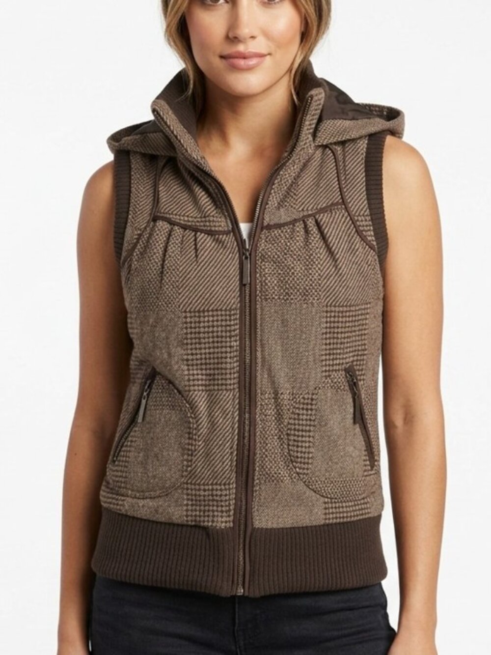 BKE Brown Patchwork Hooded Zip Vest